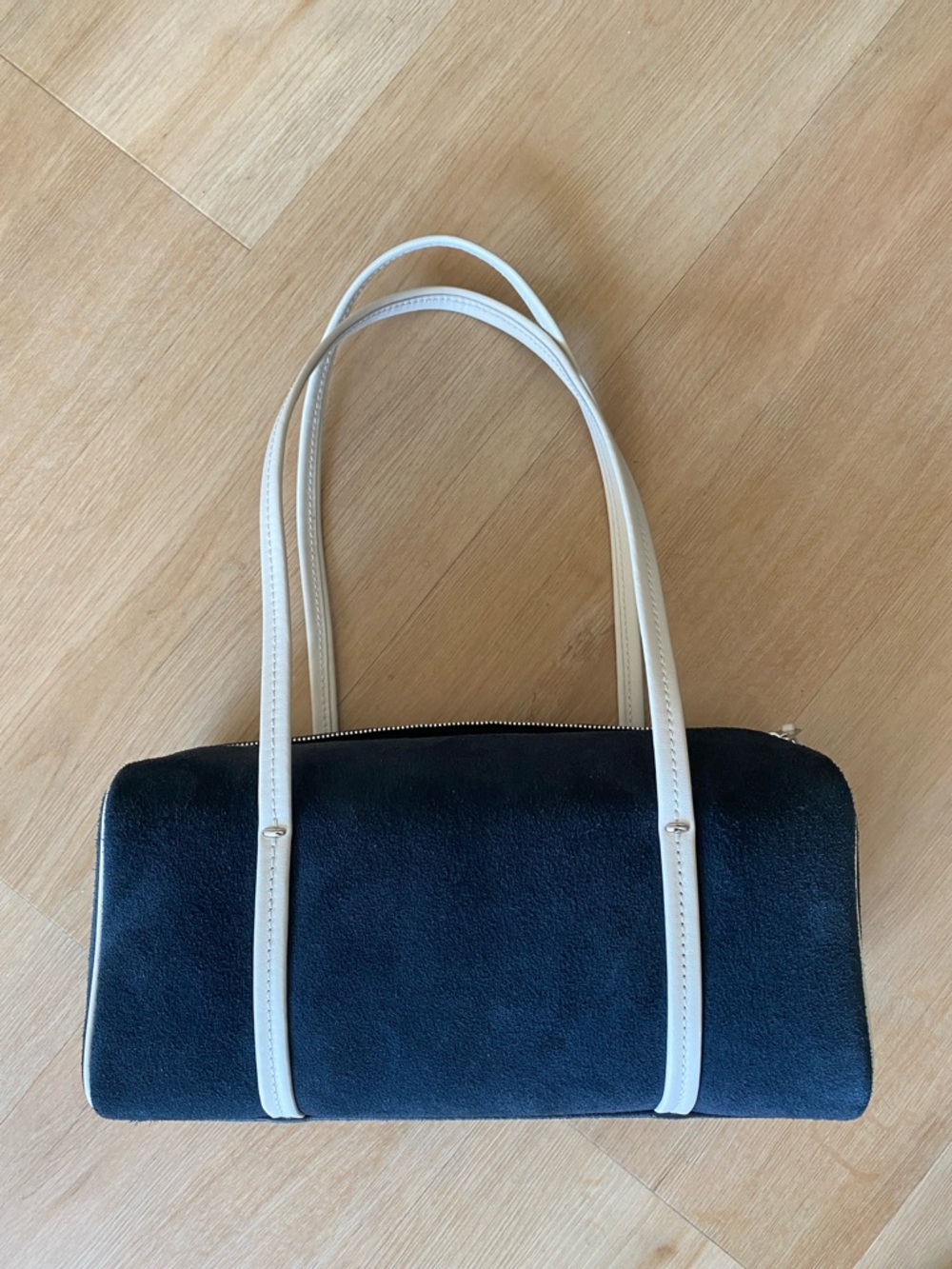 Madewell Navy Suede Barrel Bag with White Handles